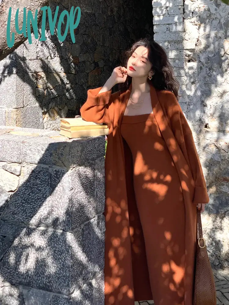 Lunivop Korean Women's Cardigan Solid Color Fashion Mid-length Sweater Cardigan Dress Autumn and Winter Elegant Dress Two-piece Set Notch Collar Peter Pan Collar Cowl Neck Lunivop Korean Women's Cardigan Solid Color Fashion Mid-length Sweater Cardigan Dress Autumn and Winter Elegant Dress Two-piece Set Notch Collar Peter Pan Collar Cowl Neck