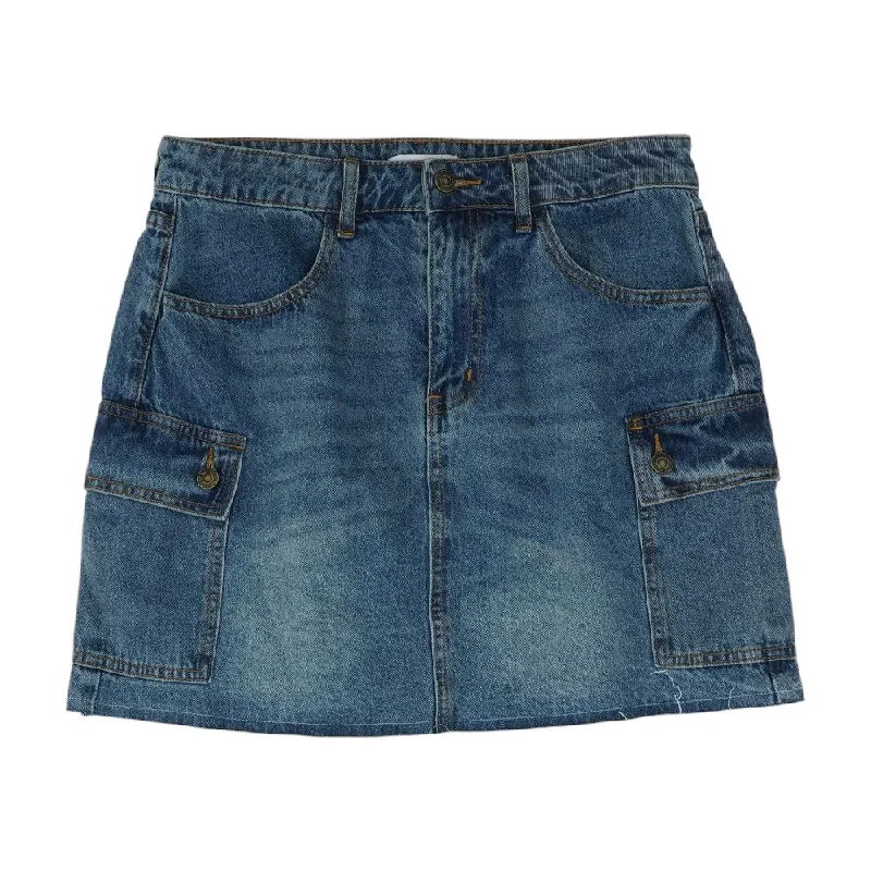 Blue Solid Midi Skirt belted skirt waist