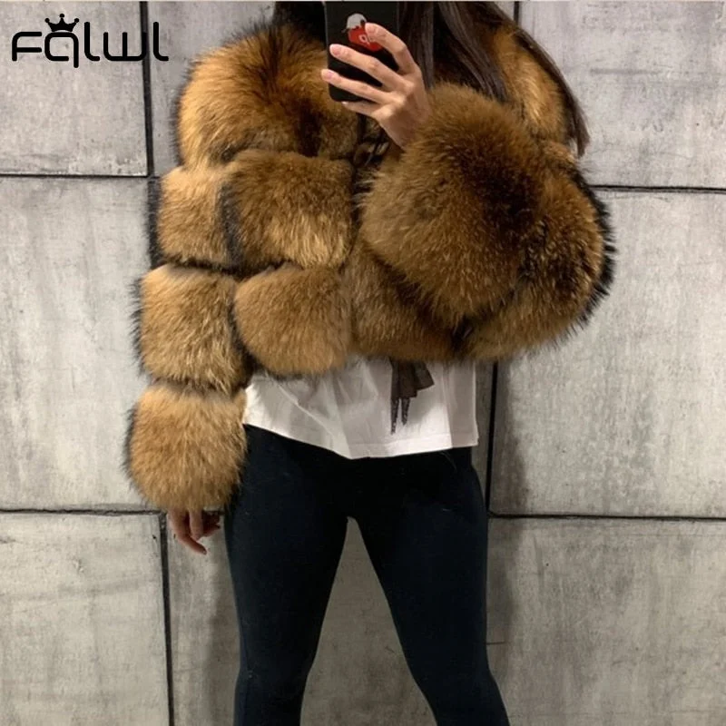 FQLWL Winter Thick Warmres n Long Sleeve Crop Jacket Coat Female Brown Cropped Faux Fur Coat Casual 2021 New Trench Coat Raincoat Waterproof Jacket