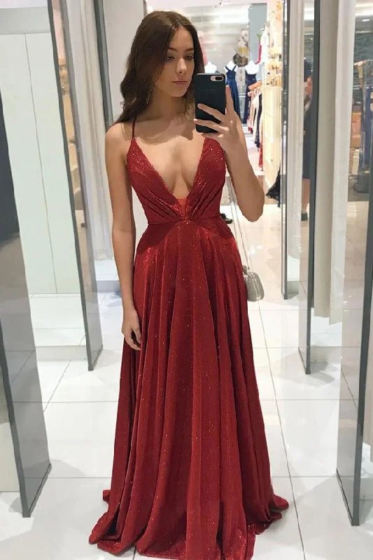 Sparkly V Neck Spaghetti Straps Long Prom Dress Party Dress Bodycon Fitted Nightout