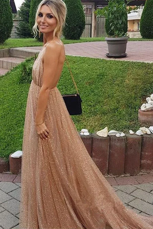A-line Spaghetti Straps V-neck Sexy Backless Sequins Prom Party Dress OKF32 Tunics Luxurious premium