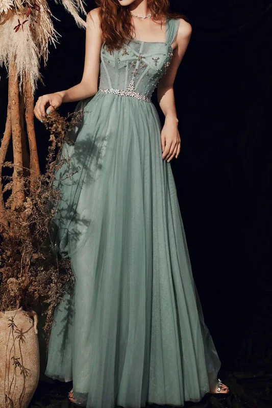 Green Spaghetti Straps Prom Dress Fairy Evening Party Dress Lace-up Slleveless Prom Gown OKW78 Boatneck Modish Everyday Green Spaghetti Straps Prom Dress Fairy Evening Party Dress Lace-up Slleveless Prom Gown OKW78 Boatneck Modish Everyday