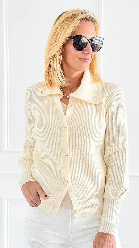 Ribbed Button-Up Cardigan Herringbone Houndstooth Plaid
