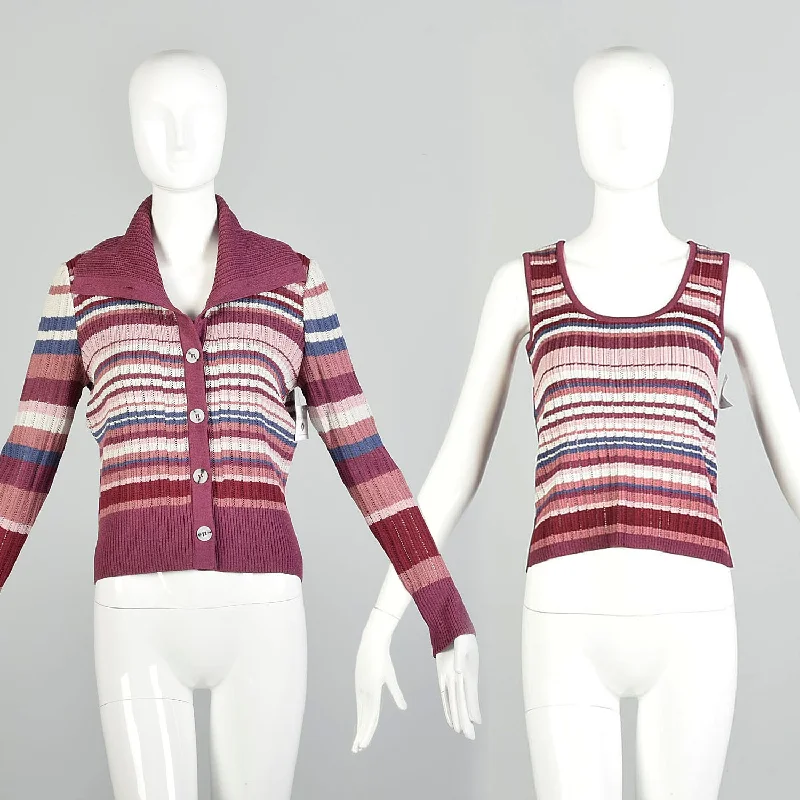 XXS 2000s St.John Twinset Horizontal Stripe Cardigan Sleeveless Tank Top  Set Neon metallic Matte