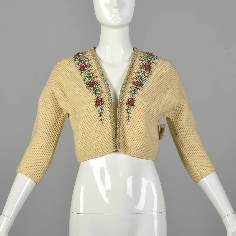 XS 1950s Beige Cropped Cardigan Sweater with Hand Embroidered Beading and Velvet Trim Stylish Fashionable Trendy