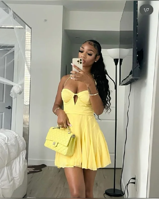 Yellow A-Line Short Party Dress Straps Homecoming Dress, DP2558 Shift Classic Vintage Yellow A-Line Short Party Dress Straps Homecoming Dress, DP2558 Shift Classic Vintage