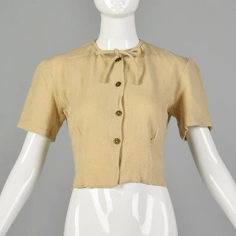 Lampl 1930s Short Sleeve Cream Cardigan Sweater Solid Print Embellished