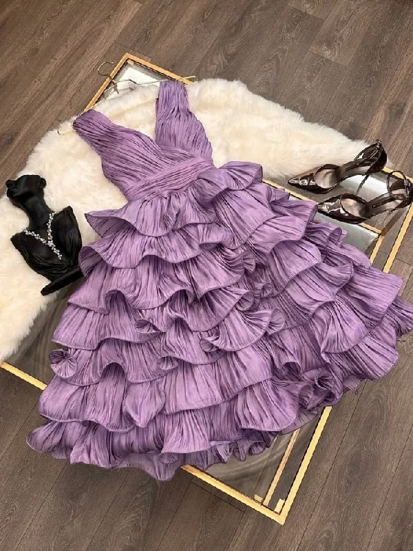 Elegant Purple V Neck A-Line Wavy Tiered Midi Formal Party Dress, DP3507 Tunics Yoga stretchy