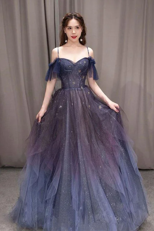 Ombre A Line Dark Purple Tulle Long Prom Dress Evening Party Dress OK1162 Tunics Solid Classic