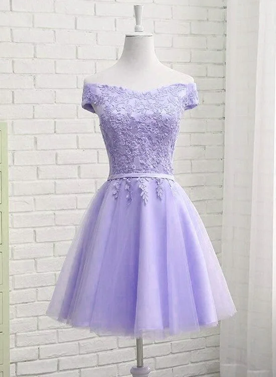 Light Purple Tulle Short Homecoming Dress Cute Off Shoulder Party Dress  c2715 Tunics Fall fleece