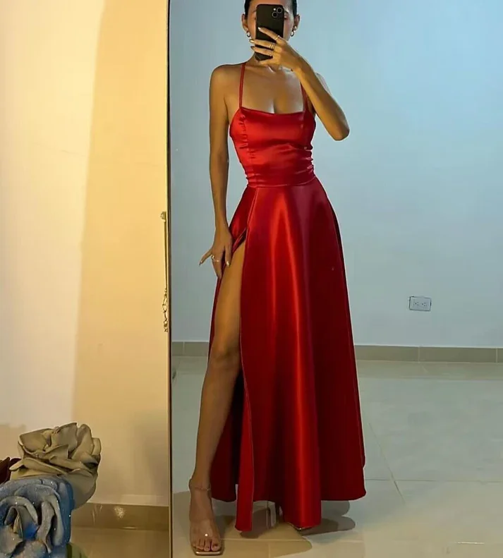 Charming Red A-Line Satin Long Party Dress with Slit, DP2445 Tunics Office stylish