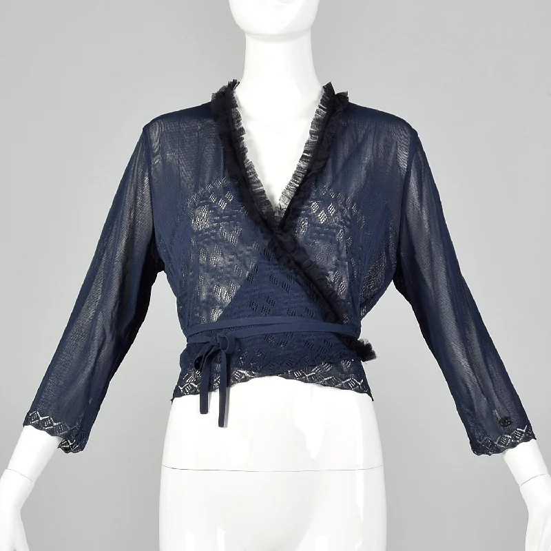Large Chanel 1990s Navy Blue Sheer Mesh Wrap Cardigan Sweater Polka Dot Checkered Tartan