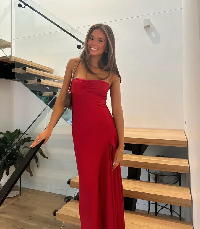 Charming Red Straps Satin Long Party Dress with Split, DP2759 Tunics Business professional Charming Red Straps Satin Long Party Dress with Split, DP2759 Tunics Business professional