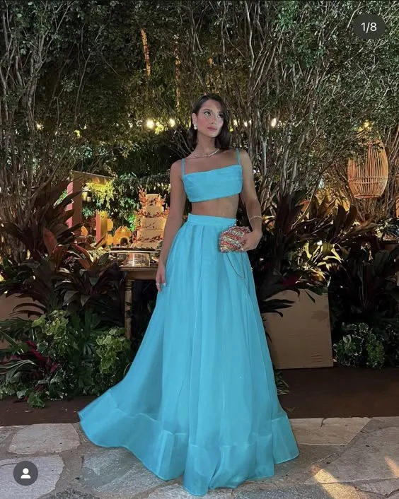 Blue Straps A-Line 2 Pieces Elegant Long Party Dress Guest Dress, DP3542 Crew Neckline Sporty Blue Straps A-Line 2 Pieces Elegant Long Party Dress Guest Dress, DP3542 Crew Neckline Sporty