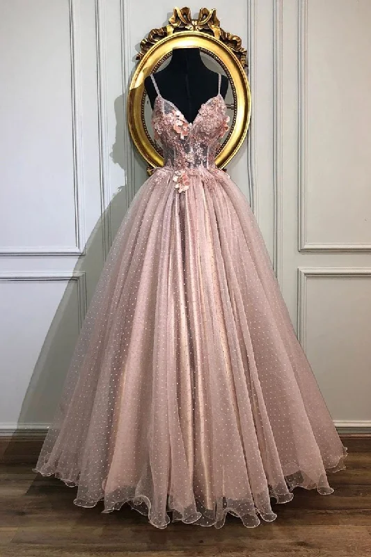 Pink Spaghetti Straps Tulle Appliques Long Prom Dress A-line Formal Party Dress OKS625 Tunics Running lightweight Pink Spaghetti Straps Tulle Appliques Long Prom Dress A-line Formal Party Dress OKS625 Tunics Running lightweight