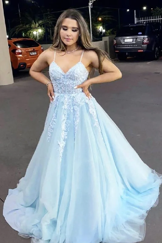 A Line V Neck Light Blue Lace Appliqued Long Prom Dress Spaghrtti Straps Evening Party Dress OKZ57 Tunics Seasonal trendy A Line V Neck Light Blue Lace Appliqued Long Prom Dress Spaghrtti Straps Evening Party Dress OKZ57 Tunics Seasonal trendy