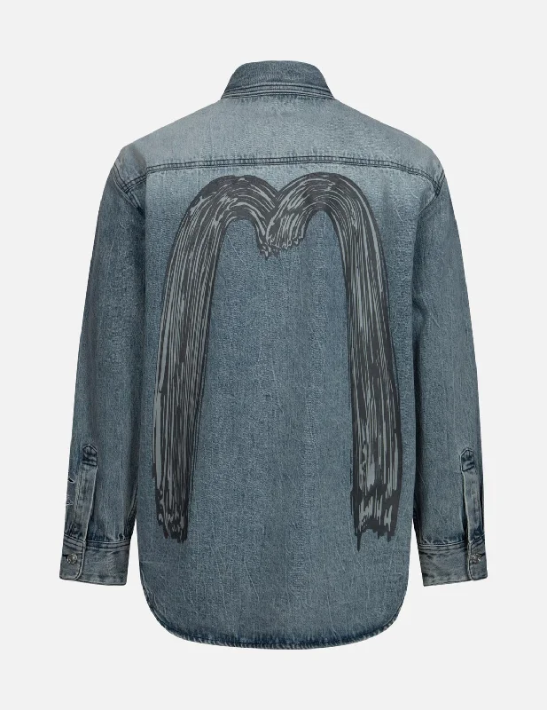 Brush Daicock Print Regular Fit Denim Shirt Jacket One-Shoulder Jacket Off-the-Shoulder Jacket Asymmetrical Jacket