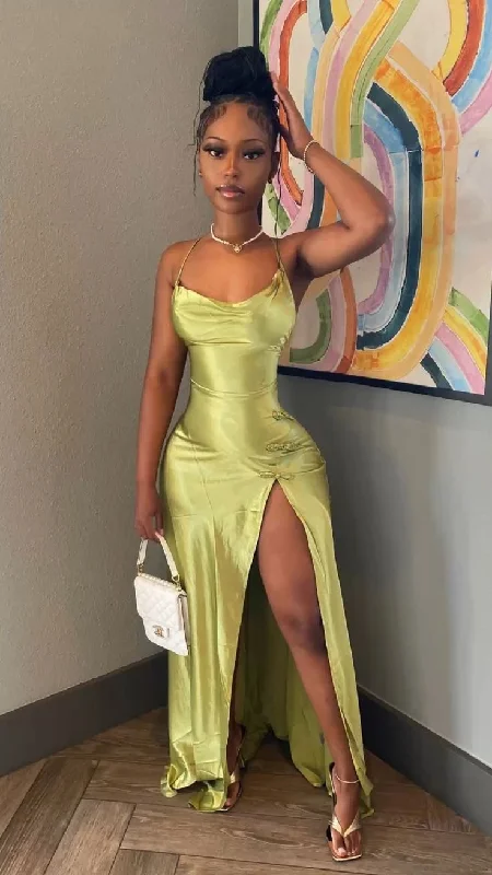 Green Satin Long Evening Party Dress with High Split, DP2689 Tunics Satin smooth