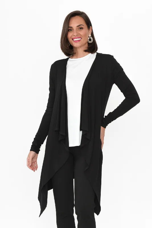 Black Bamboo Waterfall Cardigan Toggled Drawstring Belted