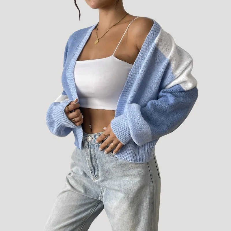Color block knit cropped cardigan Notch Collar Peter Pan Collar Cowl Neck