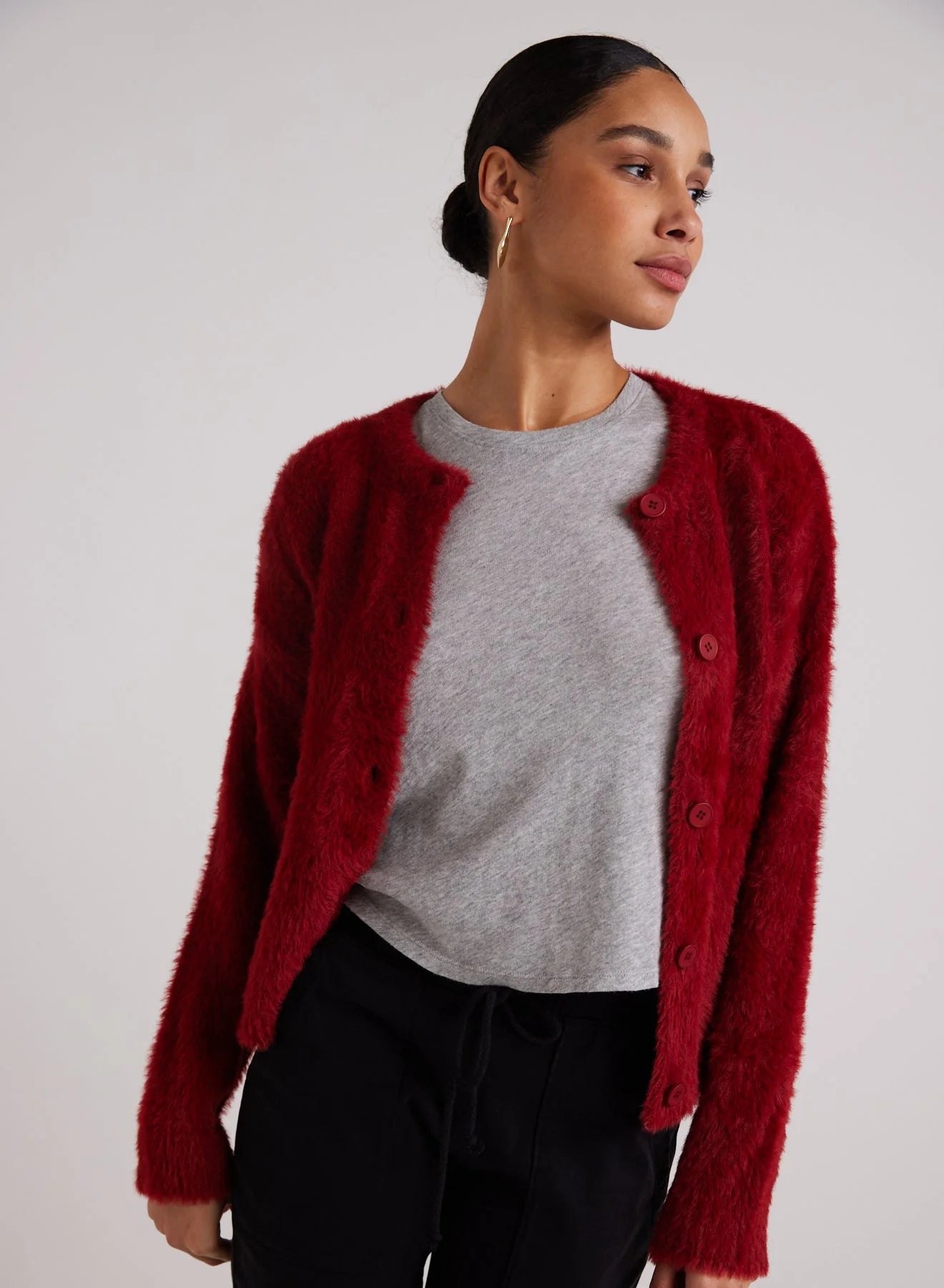 Ruby Red Fuzzy Cardigan Crew Neck V-Neck Turtle Neck