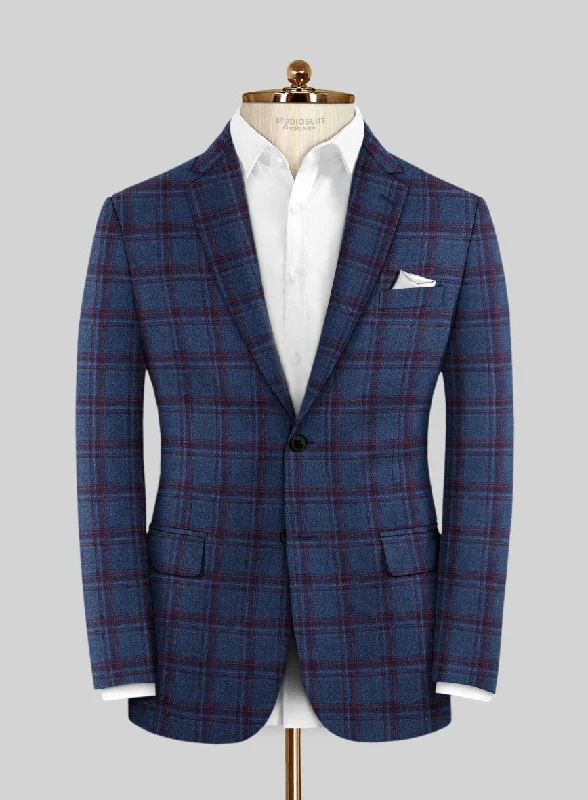 Reda Agodi Dark Blue Checks Wool Jacket Notch Collar Jacket Peter Pan Collar Jacket Cowl Neck Jacket