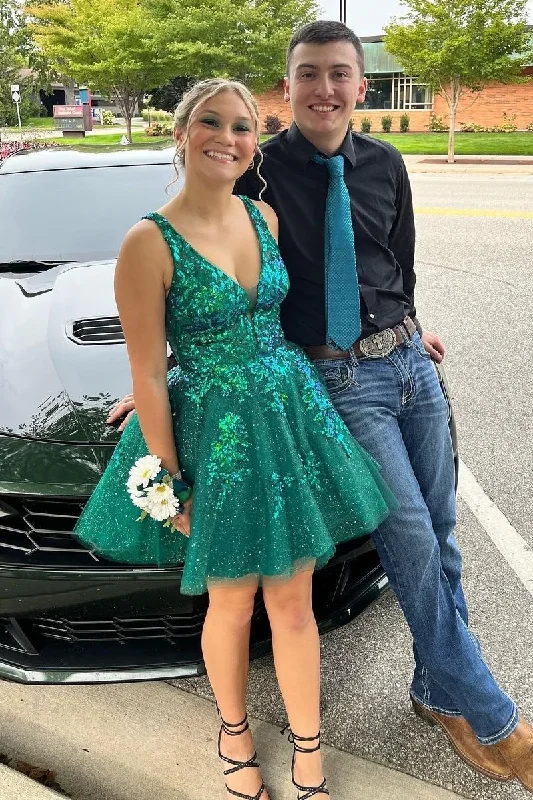 Green V Neck A-Line Cute Short Party Dress Homecoming Dress, DP2556 Boat Neckline Classic Green V Neck A-Line Cute Short Party Dress Homecoming Dress, DP2556 Boat Neckline Classic