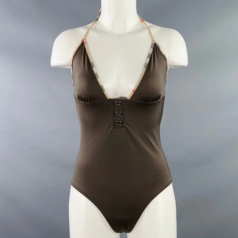 BURBERRY BRIT Size S Brown Beige Polyamide Blend Contrast Trim Swimsuit Mesh Panel Swimwear BURBERRY BRIT Size S Brown Beige Polyamide Blend Contrast Trim Swimsuit Mesh Panel Swimwear