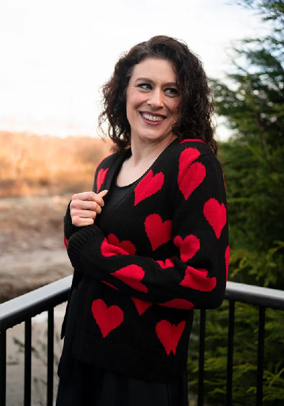 Heart Knit Cardigan Black/Red Cotton Fabric Linen Fabric Terry Fabric