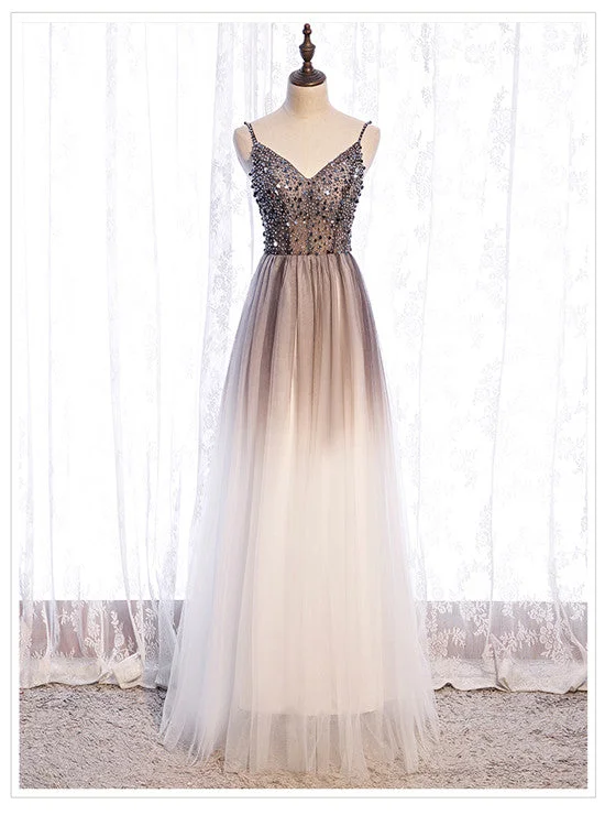 Gradient Tulle Beaded Long Party Dress, A-line Tulle Straps Formal Dress Tunics Modern contemporary