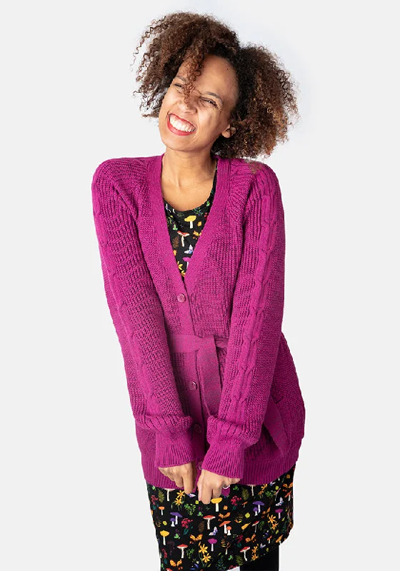 Magenta Long Line Cable Sleeve Cardigan Fleece Cardigan Nylon Polyester