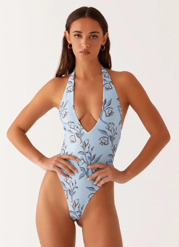 Delia One Piece Swimsuit - Blue Floral Print Sleek Mesh Bikini