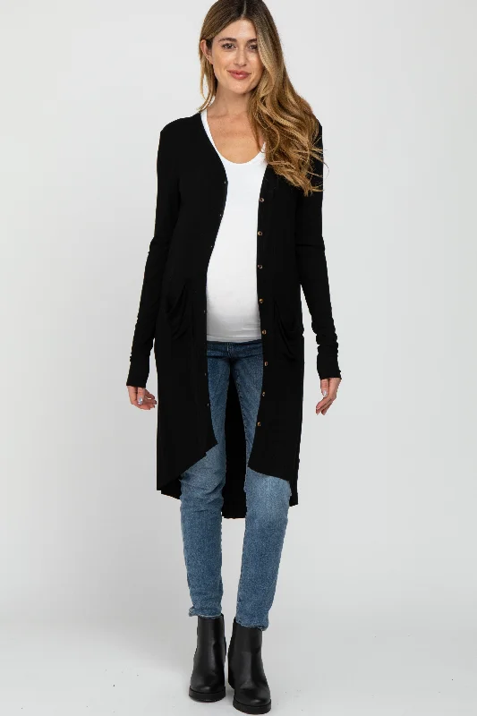 Black Button Front Knit Maternity Cardigan Mesh Blend Leather Blend Suede Blend
