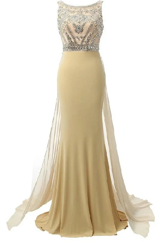 Beauty Mermaid Champagne Long Beaded Prom Party Dress OK4 Cowl Neckline Elegant