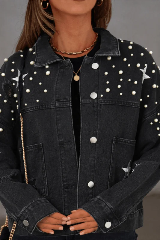 Black Distressed Pearls Star Cropped Denim Jacket Print Jacket Jacquard Jacket Patchwork Jacket