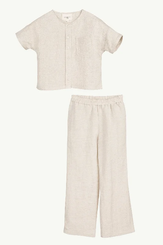 Adalila Linen Top & Pants Set - Oatmeal (Girls) Trendy Work Pants