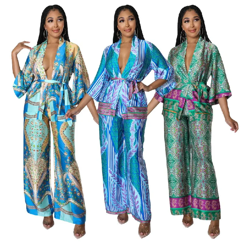 GX0129 Fashion satin elegant leisure wear half sleeve cardigan top and wide leg pant 2 two piece matching suit women street wear Cardigan Knitwear Sweater