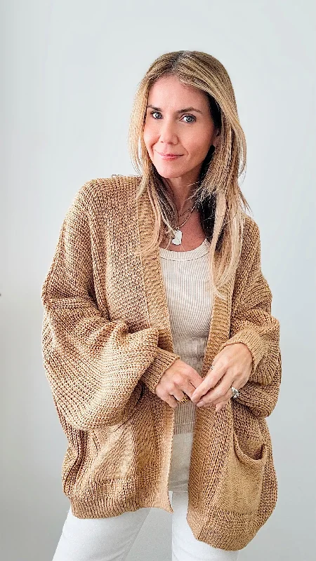 Sugar High Italian Cardigan-Camel Terry Blend Velvet Blend Canvas Blend