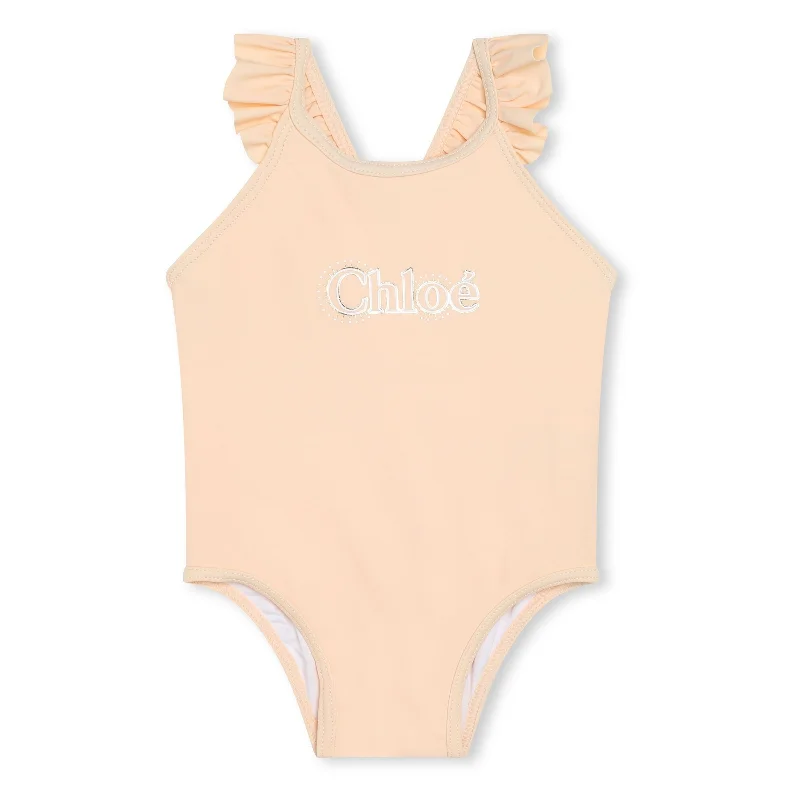 Orange Logo Embroidered Ruffled Swimsuit Swim Dress with Belt