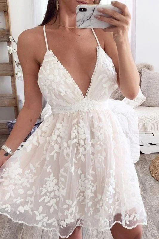 Lovely White Lace V Neck Mini Party Dress C612 Tunics Trendy modern