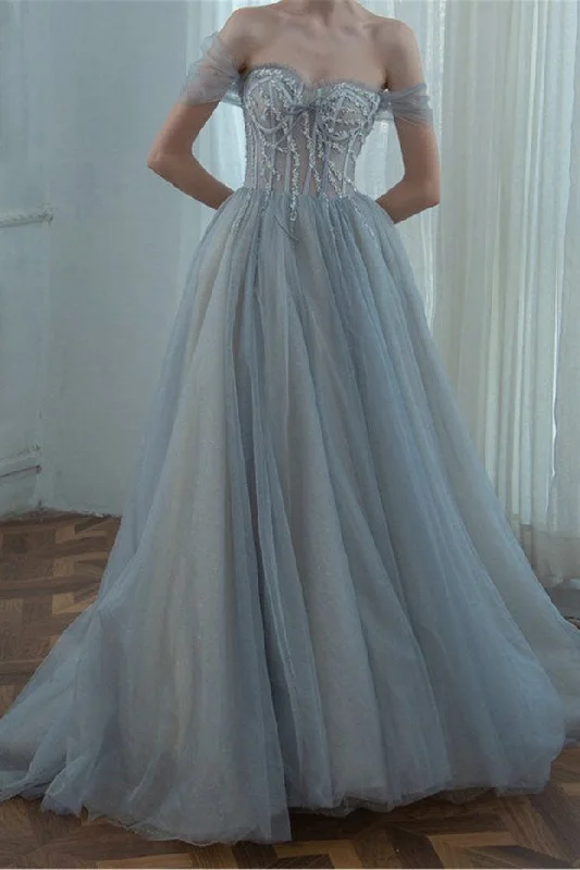 Off the Shoulder A-line Tulle Prom Dress For Women Long Party Dress OKW10 Tunics Print Colorful
