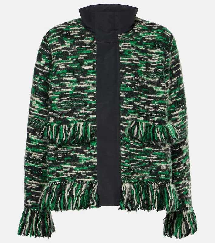 Sacai Fringed wool-blend tweed jacket Zippered Jacket Buttoned Jacket Snapped Jacket