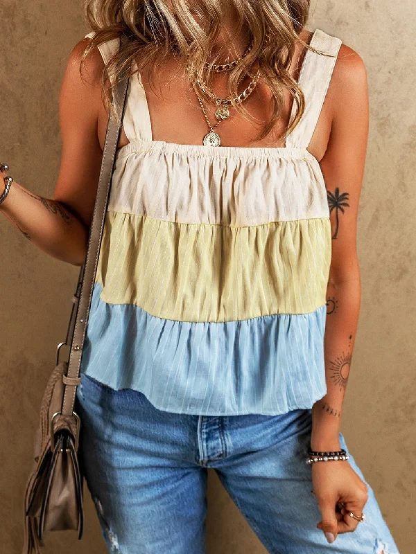 Apricot Stripe Colorblock Tiered Sleeveless Tank Top spandex blend tank