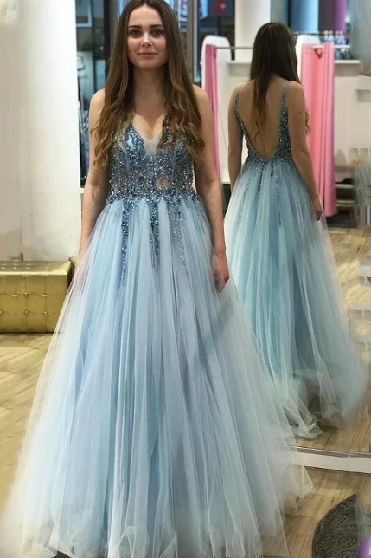 A Line Tulle V Neck Long V Back Prom Dress With Beads School Party Dress OK1018 Tunics Formal black A Line Tulle V Neck Long V Back Prom Dress With Beads School Party Dress OK1018 Tunics Formal black