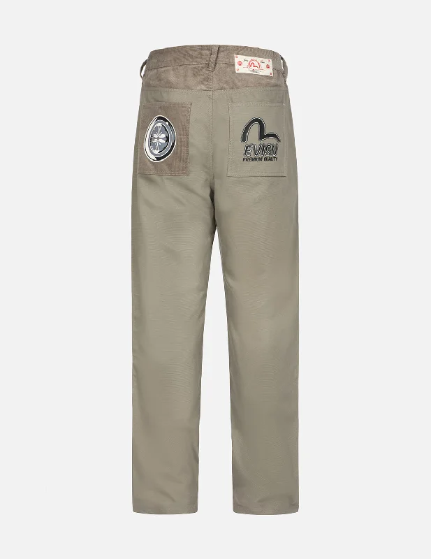Seagull and Kamon Print Straight Fit Chino Pants Comfortable Denim Trousers