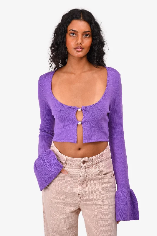 Lovers + Friends Purple Cotton Knit Pearl Cropped Cardigan Size M Denim Fabric Leather Fabric Suede Fabric