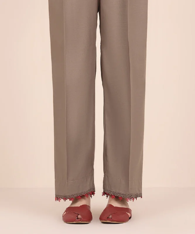 Raw Silk Straight Pants Fashionable Button-Up Pants