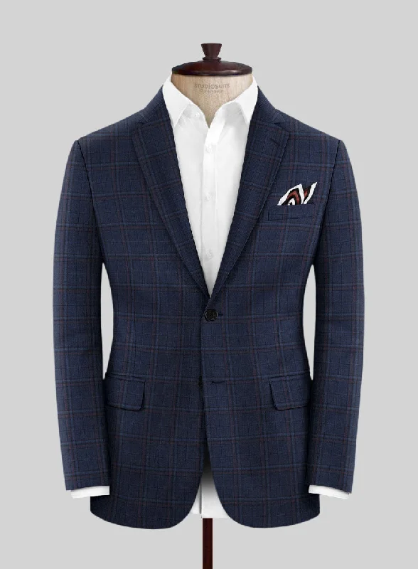 Reda Cinder Blue Checks Wool Jacket Zippered Front Buttoned Front Snap Front