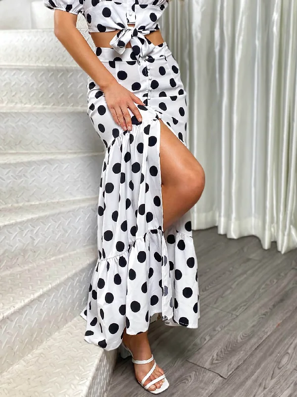 Polka Dot Tiered Button Front Skirt chiffon skirt floaty