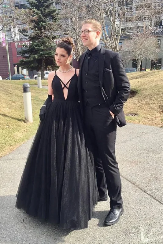 Fashion Spaghetti Straps Black Tulle A-line Prom Dress Floor Length Evening Party Dress OKY40 Tunics Sophisticated sleek Fashion Spaghetti Straps Black Tulle A-line Prom Dress Floor Length Evening Party Dress OKY40 Tunics Sophisticated sleek